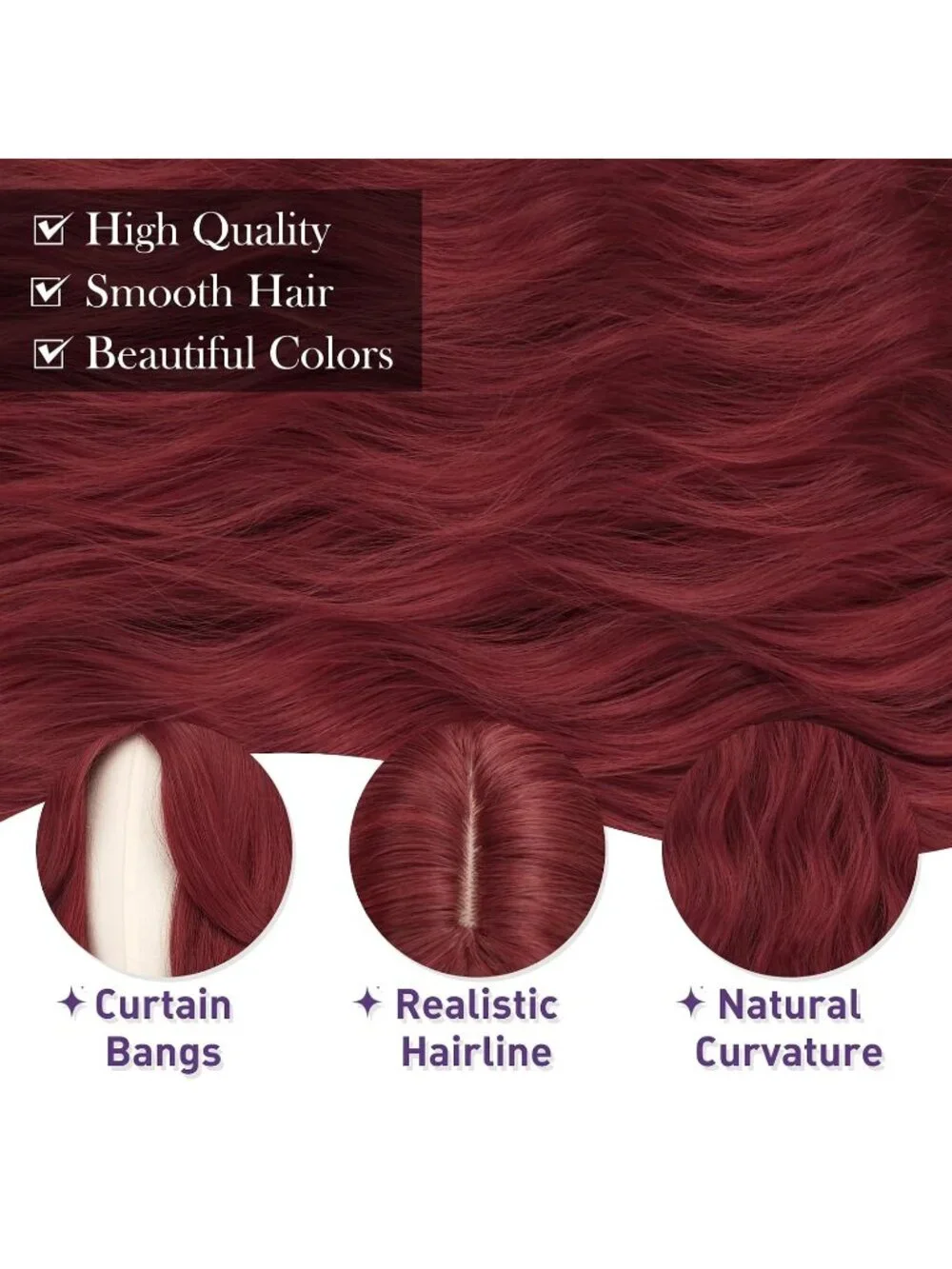 Women's Red 26 Inch Heat Resistant Curtain Bangs Long Wavy Wigs